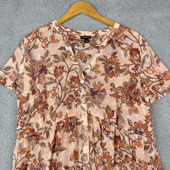 Torrid 1X Babydoll Tunic Top Orange Brown Floral Hi Low Boho Blouse - Picture 3 of 16